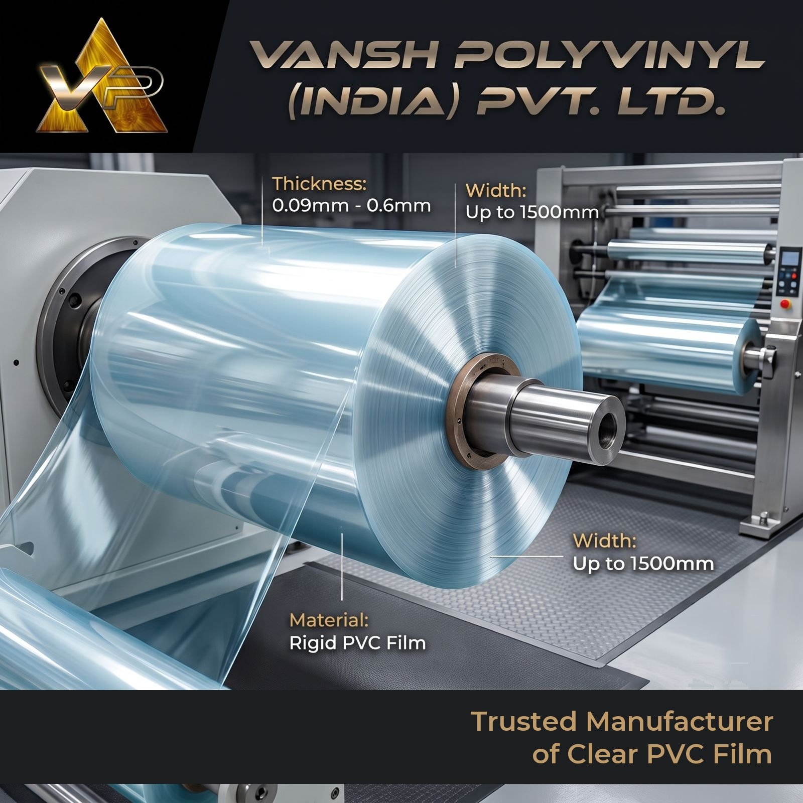 Clear rigid PVC film roll on the line at Vansh Polyvinyl, 0.09 to 0.6 mm, up to 1500 mm wide