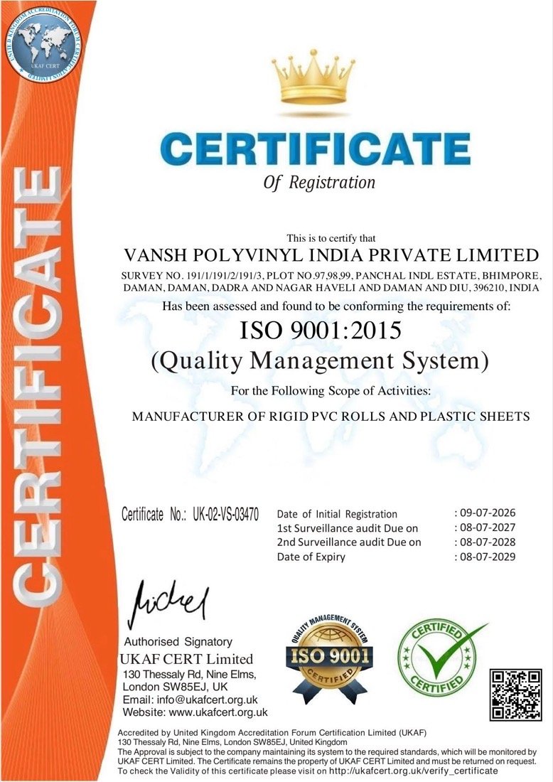ISO 9001:2015 certificate for Vansh Polyvinyl India Private Limited